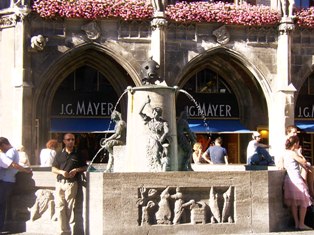 The Fischbrunnen, fountain with a fish figure at Marienplatz, Munich