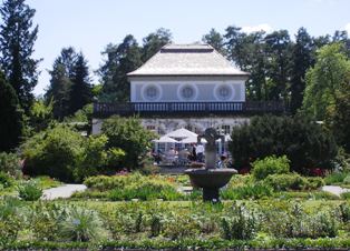 Rose Garden with Tea House at the Botanical Garden in Munich