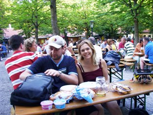 We are unpacking all the Bavarian dishes we brought for our beer garden visit.